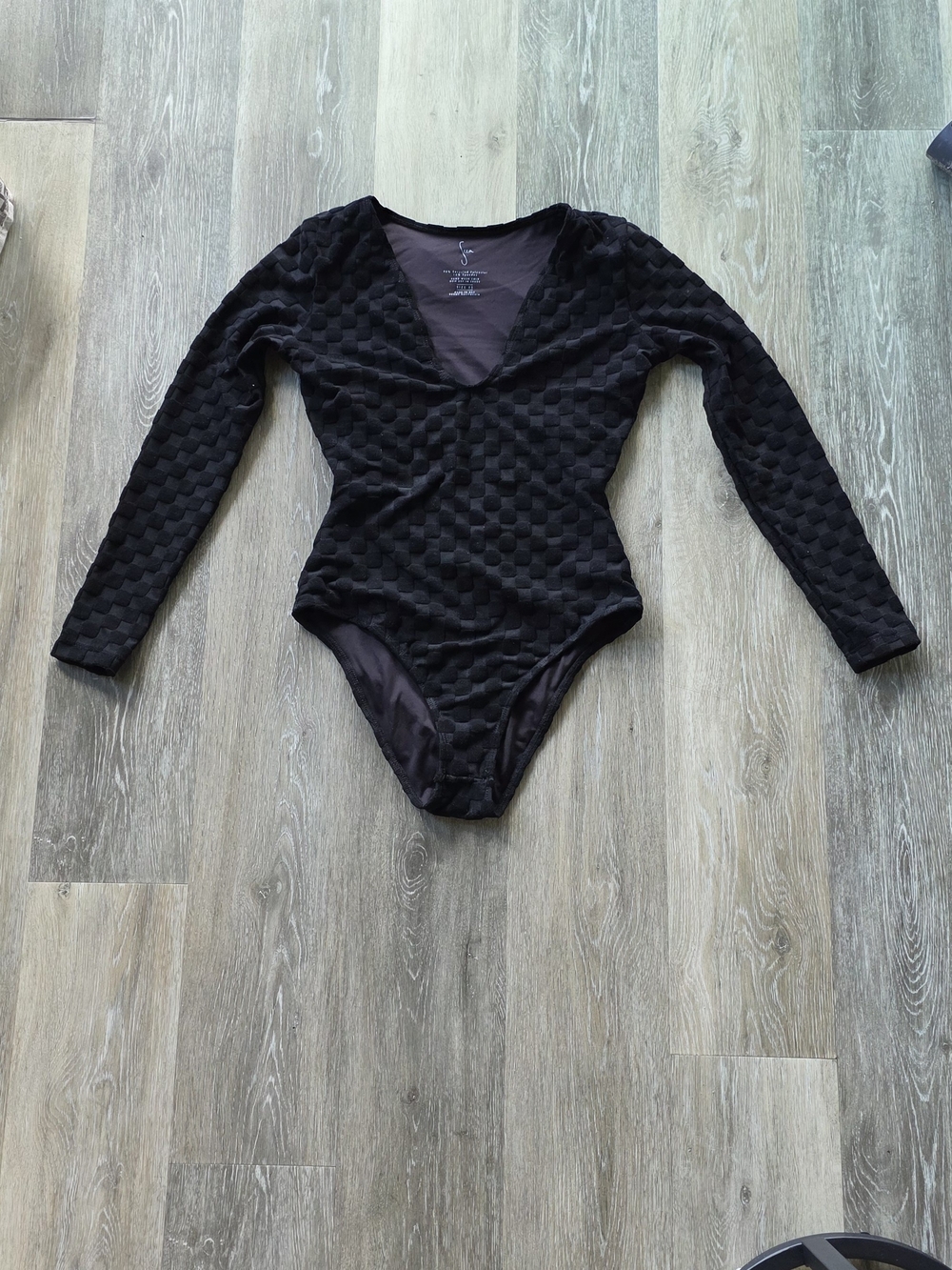 Black Textured Long-Sleeve One-Piece Bodysuit/Bathingsuit